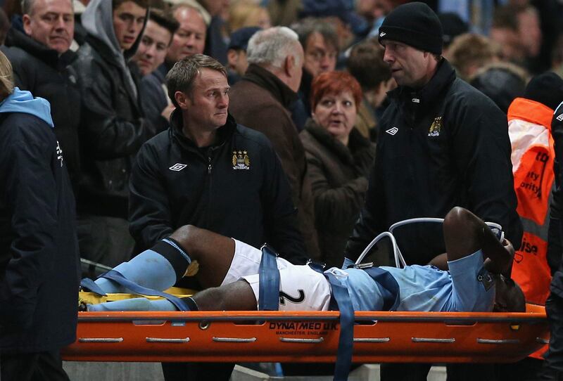 MANCHESTER, ENGLAND - OCTOBER 27:   Micah Richards of Manchester City is stretchered off with an injury during the Barclays Premier League match between Manchester City and Swansea City at the Etihad Stadium on October 27, 2012 in Manchester, England.  (Photo by Clive Brunskill/Getty Images) *** Local Caption ***  154837475.jpg