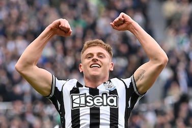 NEWCASTLE UPON TYNE, ENGLAND - MARCH 30: Harvey Barnes of Newcastle celebrates after scoring the 4th Newcastle goal during the Premier League match between Newcastle United and West Ham United at St. James Park on March 30, 2024 in Newcastle upon Tyne, England. (Photo by Stu Forster / Getty Images) (Photo by Stu Forster / Getty Images)