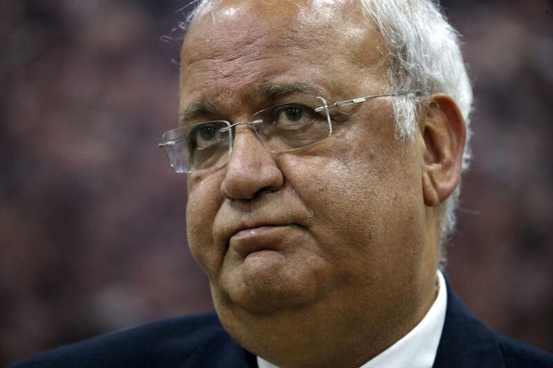 Saeb Erekat, Secretary General of the Palestine Liberation Organisation and chief Palestinian negotiator, talks to reporters about the recent Israeli elections in the West Bank city of Ramallah on March 3, 2020. AFP