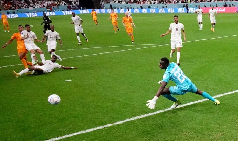 Netherlands' Cody Gakpo finishes past Qatar goalkeeper Meshaal Barsham. Getty