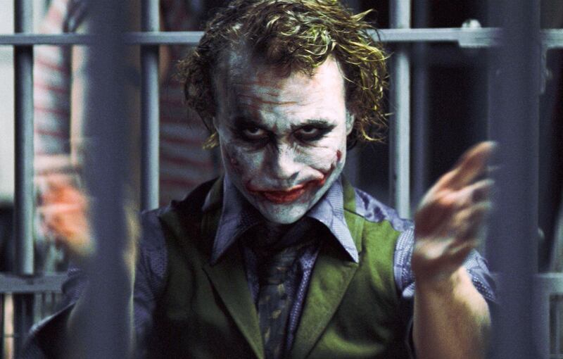 In this image released by Warner Bros., Heath Ledger starring as The Joker, is shown in a scene from "The Dark Knight." (AP Photo/Warner Bros. Pictures, Stephen Vaughan) ** NO SALES **