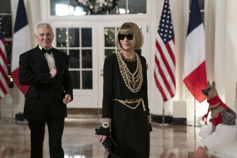 Anna Wintour, editor-in-chief at Vogue, right, and Bazmark Luhrmann arrive to attend a state dinner in honour of French President Emmanuel Macron and Brigitte Macron hosted by US President Joe Biden and First Lady Jill Biden at the White House in Washington. Bloomberg