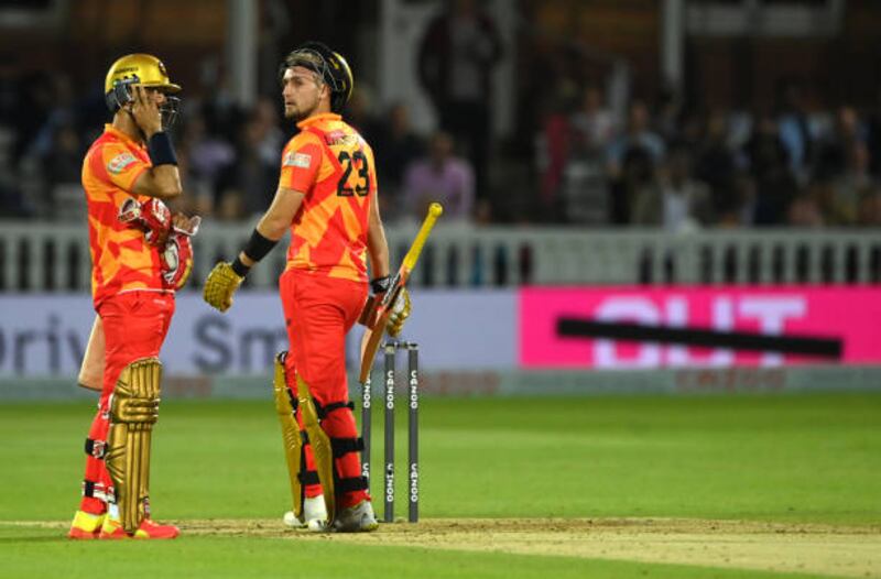 Phoenix batsman Liam Livingstone reacts after being run out during The Hundred final. Getty