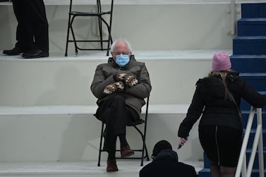 Senator Bernie Sanders, in his now-viral mittens, sits in the bleachers on Capitol Hill before Joe Biden is sworn in as the 46th US President on January 20. AFP