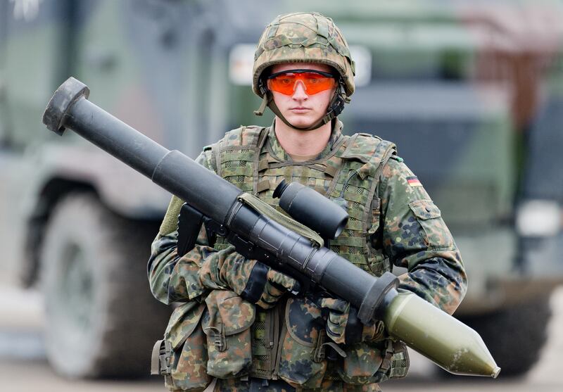 A soldier holds a Panzerfaust 3 anti-tank rocket launcher at the Munster military training area in Germany in 2016. Getty Images