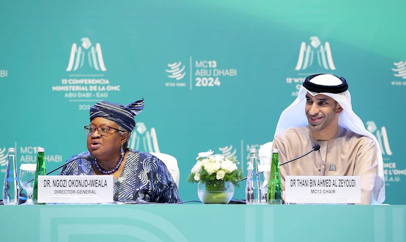 Ngozi Okonjo-Iweala, director general of the WTO, and Thani Al Zeyoudi, UAE Minister of State for Foreign Trade, at the WTO Ministerial Conference in Abu Dhabi. Pawan Singh / The National