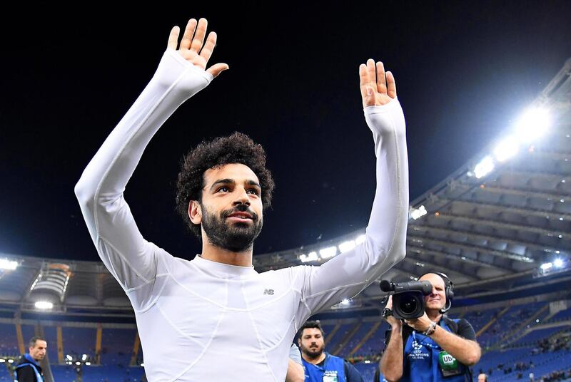 epa06707633 Liverpool's Mohamed Salah celebrates after the UEFA Champions League semi final, second leg soccer match between AS Roma and Liverpool FC at the Olimpico stadium in Rome, Italy, 02 May 2018. Liverpool won 7-6 on aggregate.  EPA/ETTORE FERRARI