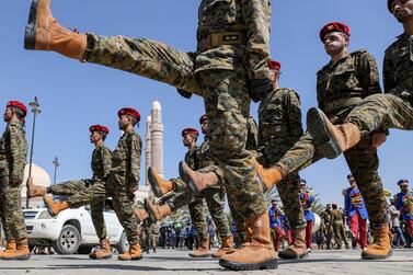 Houthi soldiers march during a funeral procession for Houthi fighters killed in recent fighting against government forces in Marib province, in Sanaa, Yemen. Reuters