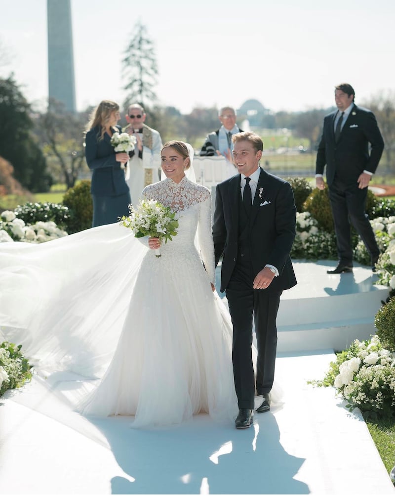 The bride and groom both wore jewellery designed by Tiffany & Co. Photo: Corbin Gurkin