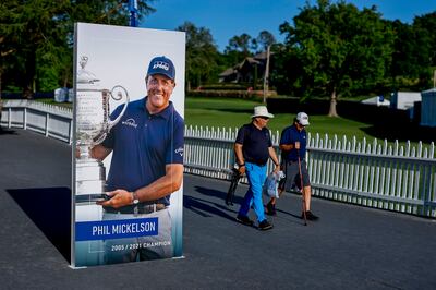 A poster of 2021 PGA Championship winner Phil Mickelson is displayed at Southern Hills Country Club but he is not in the field to defend his title this week. EPA