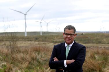 COP26 President Alok Sharma at Whitelee Windfarm, just outside Glasgow in Scotland. Mr Sharma’s call to action to British business comes ahead of the UN Cop26 environmental summit in Glasgow in November. Reuters