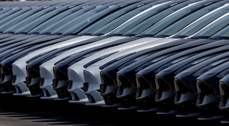 Tesla cars are parked at the site of the new Tesla Gigafactory in Gruenheide, Germany.  Reuters