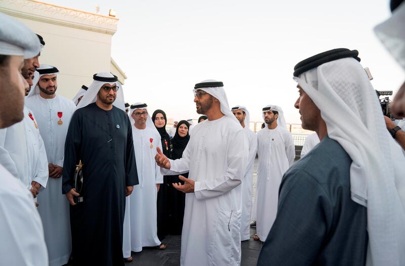 ABU DHABI, UNITED ARAB EMIRATES - February 05, 2018: HH Sheikh Mohamed bin Zayed Al Nahyan Crown Prince of Abu Dhabi Deputy Supreme Commander of the UAE Armed Forces (2nd R), speaks with the winners and organisers of the Abu Dhabi Award for Excellence in Government Performance, during a Sea Palace barza. Seen with HE Dr Sultan Ahmed Al Jaber, UAE Minister of State, Chairman of Masdar and CEO of ADNOC Group (3rd R) and HH Sheikh Hazza bin Zayed Al Nahyan, Vice Chairman of the Abu Dhabi Executive Council (R). 

( Mohamed Al Hammadi / Crown Prince Court - Abu Dhabi )
---