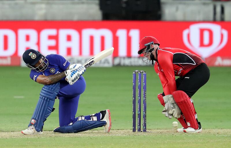 Suryakumar Yadav plays a shot during his unbeaten 68 as India beat Hong Kong in the Asia Cup match at Dubai International Cricket Stadium on Wednesday, August 31, 2022. All images by Pawan Singh / The National