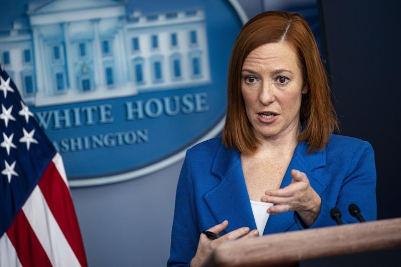 Jen Psaki, White House press secretary, speaks during a news conference in the James S. Brady Press Briefing Room at the White House in Washington, D.C., U.S., on Tuesday, Feb. 2, 2021. President Biden and congressional Democrats have signaled they’re intent on a large pandemic relief bill, potentially forgoing GOP support, even after a White House meeting with GOP senators on Monday that both sides described as productive. Photographer: Al Drago/Bloomberg