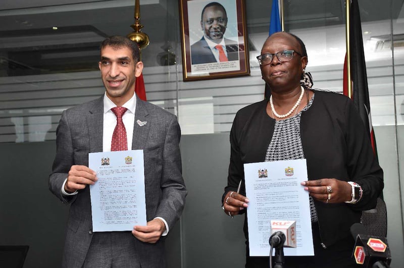 Dr Thani Al Zeyoudi, Minister of State for Foreign Trade, and Betty Maina, Cabinet Secretary for Industrialisation, Trade and Enterprise Development, after the signing ceremony. Photo: UAE Ministry of Economy