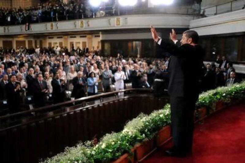 Egyptian President Mohammed Morsi gives his inaugural address at Cairo University in Cairo after taking the oath of office to become the country's first freely elected president.