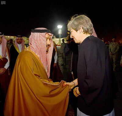 British Prime Minister Theresa May arrived in Saudi Arabia for talks in Riyadh. SPA