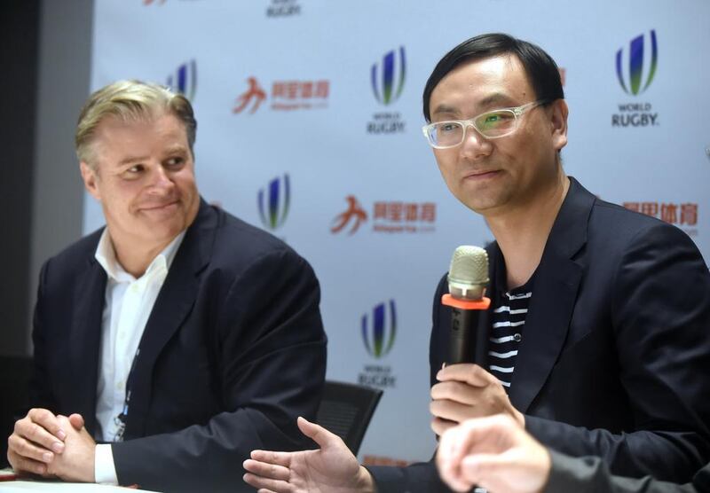 Zhang Dazhong, the chief executive of Alisports, right, with Brett Gosper, the chief executive of World Rugby. Laurence Griffiths / Getty Images