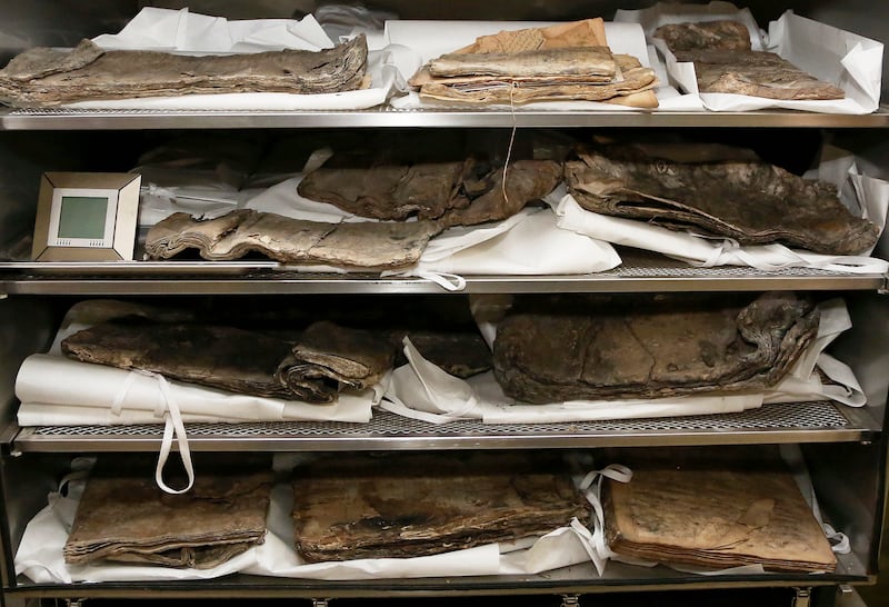 Damaged books and documents at Iraq National Library and Archive, Baghdad, in 2015. AP