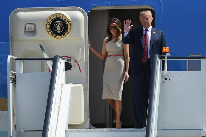 STANSTED, ESSEX - JULY 12:  U.S. President Donald Trump and First Lady Melania Trump arrive at Stansted Airport on July 12, 2018 in Essex, England. The President of the United States and First Lady, Melania Trump, touched down in the UK on Air Force One for their first official visit. Whilst they are here they will have dinner at Blenheim Palace, visit Prime Minister Theresa May at Chequers and take tea with the Queen at Windsor Castle.  (Photo by Leon Neal/Getty Images)