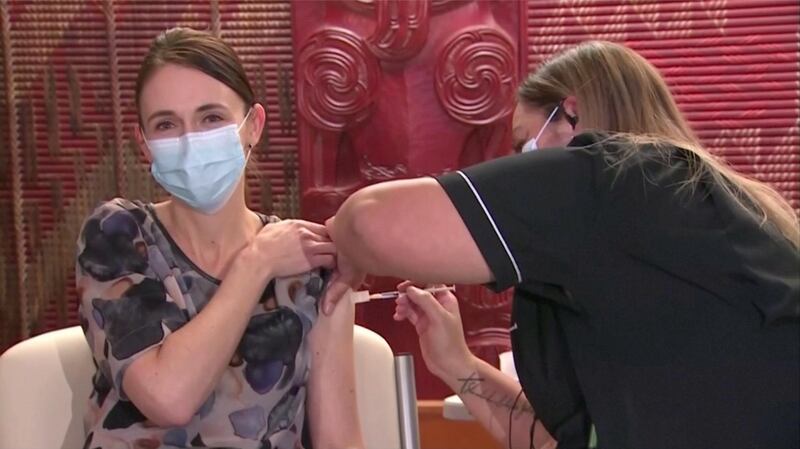 New Zealand's Prime Minister Jacinda Ardern receives her first dose of the Pfizer coronavirus vaccine in Auckland. Reuters