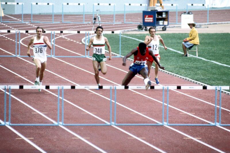 USA's Ed Moses (third l) storms ahead of Great Britain's Alan Pascoe (l) to win gold  in a new world record time of 47.64secs  (Photo by S&G/PA Images via Getty Images)