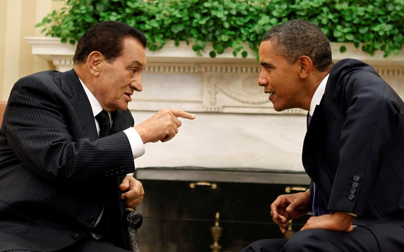 Former US President Barack Obama, right, meets Mubarak in the Oval Office of the White House in Washington September 1, 2010. Mubarak led Egypt for 30 years before stepping down amid mass protests in 2011. Reuters