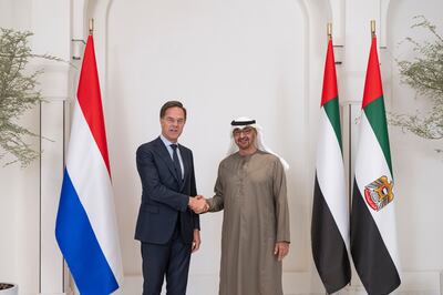 President Sheikh Mohamed welcomes Dutch Prime Minister Mark Rutte in Abu Dhabi. EPA
