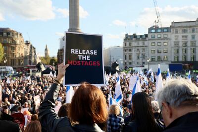 Thousands of people at London's Trafalgar Square demand the liberation of more than 200 hostages taken by Hamas. Reuters