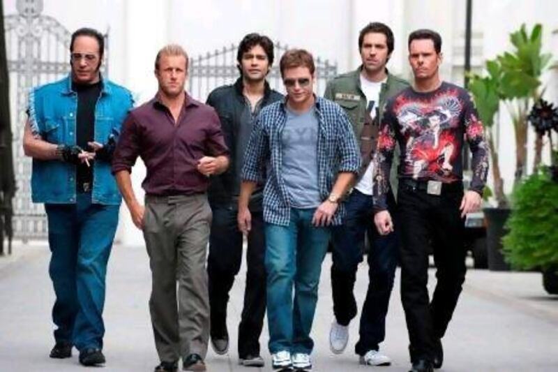 From left, Andrew Dice Clay, Scott Caan, Adrian Grenier, Kevin Connolly, Rhys Coiro and Kevin Dillon in a scene from Entourage.