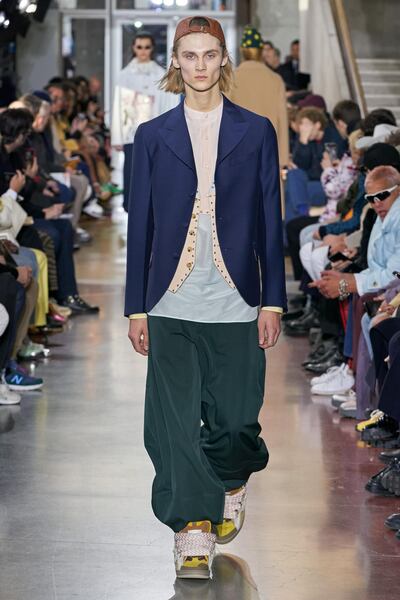 Contrasts: jacket, a waistcoat and cargo pants at Lanvin autumn / winter 2020. Courtesy Lanvin