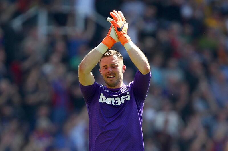 Jack Butland could be a target for Liverpool this summer following Stoke City's relegation . Dave Thompson/PA via AP