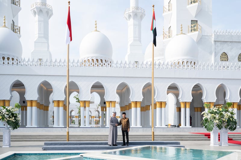 Sheikh Mohamed and Mr Widodo at the newly opened Sheikh Zayed Grand Mosque.