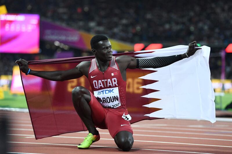 (FILES) In this file photo taken on August 08, 2017 Qatar's Abdalelah Haroun reacts after coming third in the final of the men's 400m athletics event at the 2017 IAAF World Championships at the London Stadium in London. Qatari 400m World Championships bronz medalist runner Abdalelah Haroun has died today at the age of 24, the Qatar Olympic Committee announced. / AFP / Jewel SAMAD
