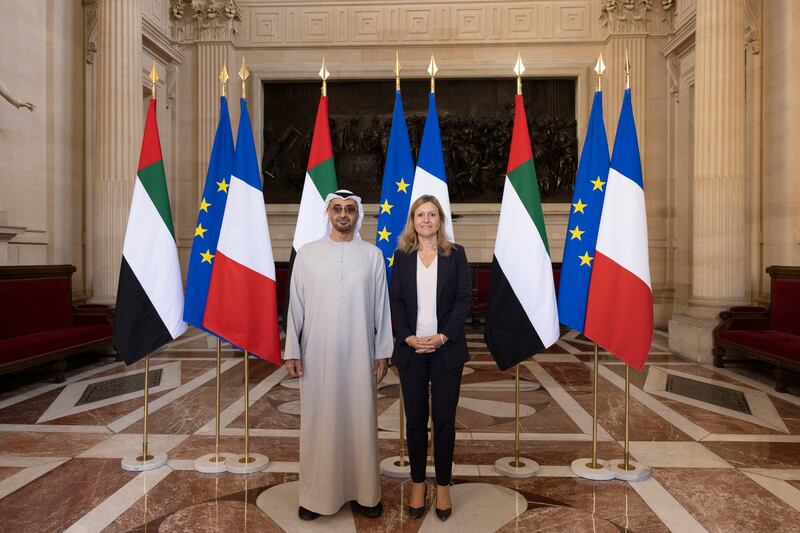 Sheikh Mohamed with Ms Braun-Pivet at the National Assembly Presidency Palace. Photo: Presidential Court