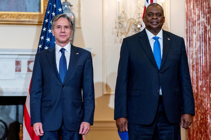 US Secretary of State Antony Blinken, left, and Secretary of Defence Lloyd Austin are due to have talks with Ukrainian President Volodymyr Zelenskyy in Kyiv on Sunday. Reuters