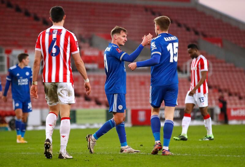 Soccer Football - FA Cup - Third Round - Stoke City v Leicester City - bet365 Stadium, Stoke-On-Trent, Britain - January 9, 2021 Leicester City's Marc Albrighton celebrates scoring their second goal with Harvey Barnes Action Images via Reuters/Andrew Boyers