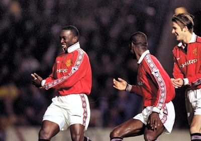 10 Mar 1999:  Dwight Yorke of Manchester United celebrates his goal against Chelsea in the FA Cup quarter-final replay at Stamford Bridge in London. United won 2-0. \ Mandatory Credit: Stu Forster /Allsport