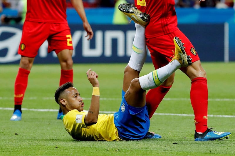 Soccer Football - World Cup - Quarter Final - Brazil vs Belgium - Kazan Arena, Kazan, Russia - July 6, 2018  Brazil's Neymar reacts in the penalty area  REUTERS/Toru Hanai
