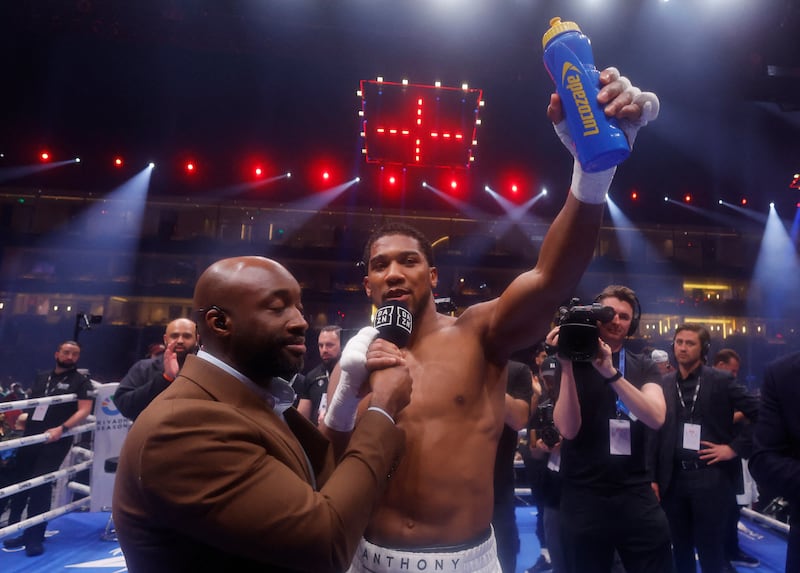 Anthony Joshua during an interview after winning the fight against Francis Ngannou. Reuters