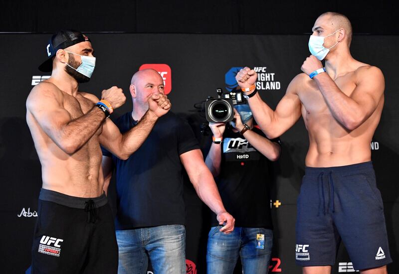 ABU DHABI, UNITED ARAB EMIRATES - JANUARY 19: (L-R) Opponents Omari Akhmedov of Russia and Tom Breese of England face off during the UFC weigh-in at Etihad Arena on UFC Fight Island on January 19, 2021 in Abu Dhabi, United Arab Emirates. (Photo by Jeff Bottari/Zuffa LLC) *** Local Caption *** ABU DHABI, UNITED ARAB EMIRATES - JANUARY 19: (L-R) Opponents Omari Akhmedov of Russia and Tom Breese of England face off during the UFC weigh-in at Etihad Arena on UFC Fight Island on January 19, 2021 in Abu Dhabi, United Arab Emirates. (Photo by Jeff Bottari/Zuffa LLC)