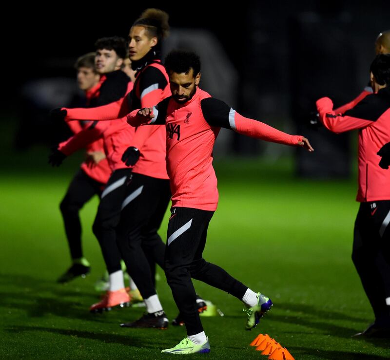 KIRKBY, ENGLAND - NOVEMBER 24: (THE SUN OUT, THE SUN  ON  SUNDAY OUT) Mohamed Salah of Liverpool during a training session ahead of the UEFA Champions League Group D stage match between Liverpool FC and Atalanta BC at AXA Training Centre on November 24, 2020 in Kirkby, England. (Photo by Andrew Powell/Liverpool FC via Getty Images)