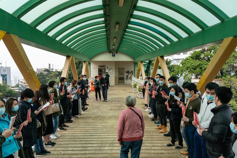 Medical workers hold a strike near Queen Mary Hospital to demand the government shut the city's border with China to reduce the spread of the coronavirus in Hong Kong, China. Getty Images