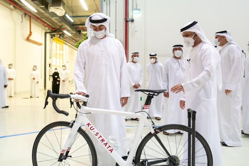AL AIN, ABU DHABI, UNITED ARAB EMIRATES - June 24, 2020: HH Sheikh Mohamed bin Zayed Al Nahyan, Crown Prince of Abu Dhabi and Deputy Supreme Commander of the UAE Armed Forces (L) visits Strata Manufacturing PJSC, at Al Ain International airport.

( Eissa Al Hammadi for the Ministry of Presidential Affairs )
---
