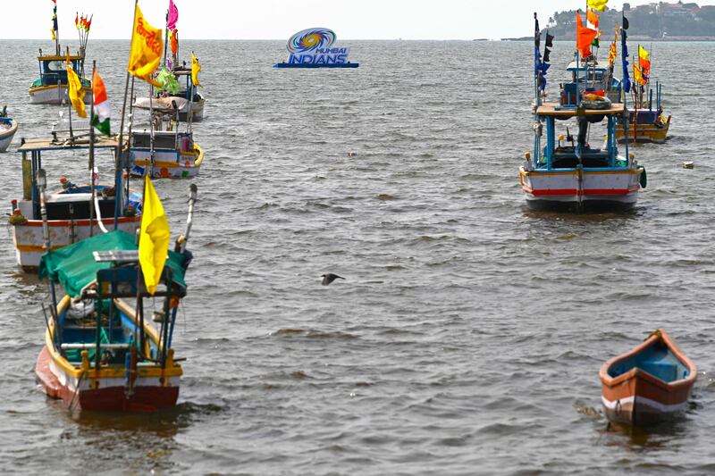 A logo of Mumbai Indians franchise in the Arabian Sea off the coast of Mumbai ahead of the IPL 2022 season. AFP