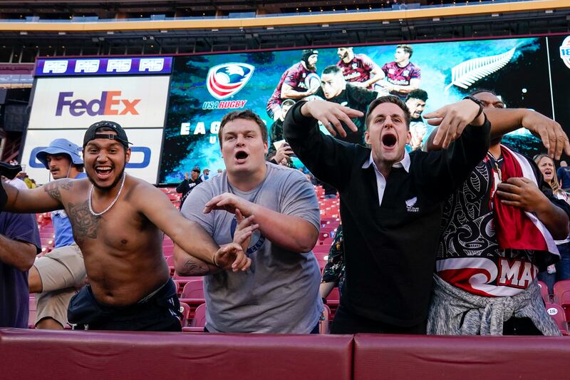 Fans react following the rugby international between the All Blacks and the USA Eagles at FedEx Field in Landover. AP Photo