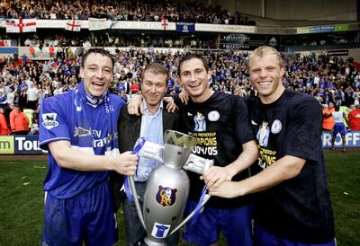 Left to right: Chelsea's John Terry, Roman Abramovich, Frank Lampard and Eidur Gudjohnsen celebrate winning the Premier League in 2005. Reuters