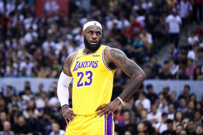 SHENZHEN, CHINA - OCTOBER 12: LeBron James #23 of the Los Angeles Lakers reacts during the match against the Brooklyn Nets during a preseason game as part of 2019 NBA Global Games China at Shenzhen Universiade Center on October 12, 2019 in Shenzhen, Guangdong, China. (Photo by Zhong Zhi/Getty Images)