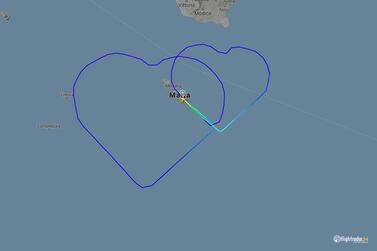 Air Malta pilot carves two interlinked love hearts in the air over the Mediterranean. Courtesy FlightRadar24